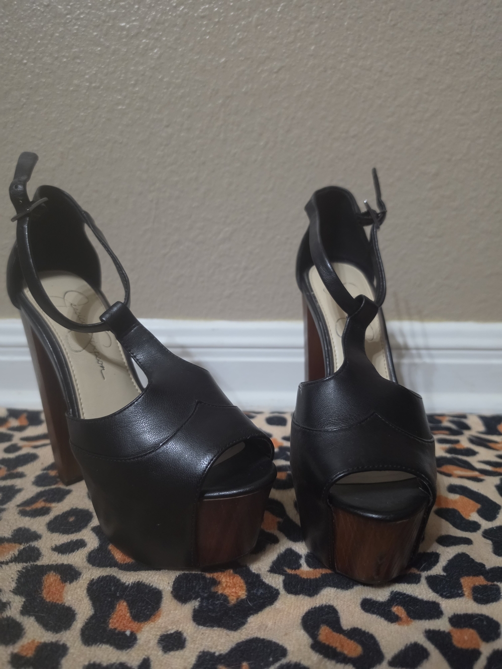 Black Platform T-Strap High Heel Sandals